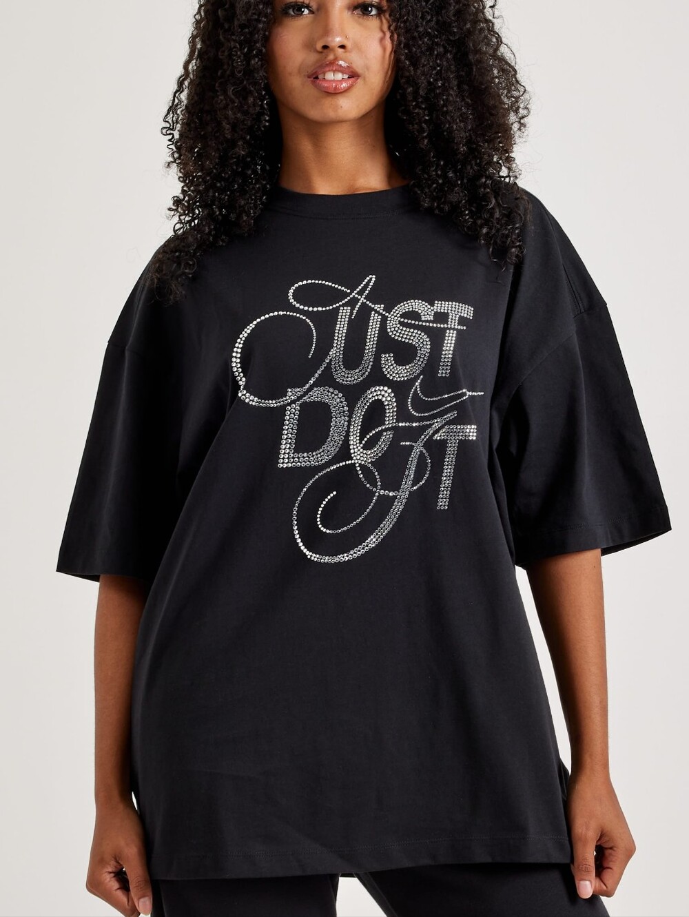 Nike Women’s Black 'Just Do It' Rhinestone Logo Tee OVER SIZED